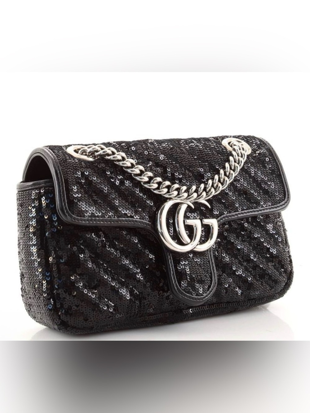 Gucci Black Sequin Shoulder Bag with Silver Double G Chain - Picture 2 of 6